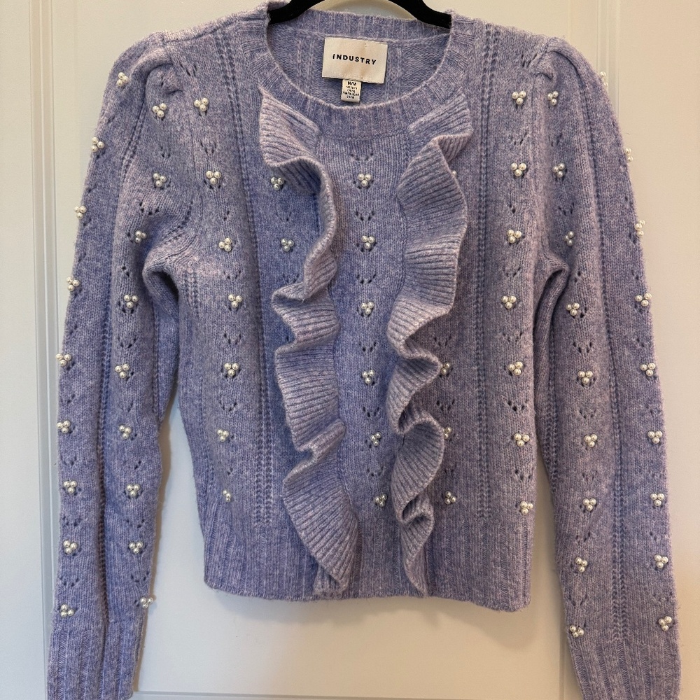 [Spring Closet]INDUSTRY Purple Wool Blend Ruffle Pearl Sweater